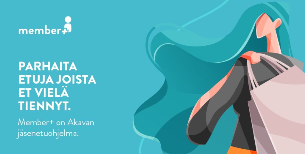Member+-palvelun banneri. Nainen ostoskassin kanssa. Tekstinä on "parhaita etuja, joista et vielä tiennyt".