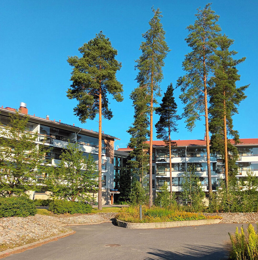 Vierumäki Chalets. Kaksi kolmikerroksista lomahuoneistorakennusta. Mäntyjä ja nurmikkoa. Etualalla tie.