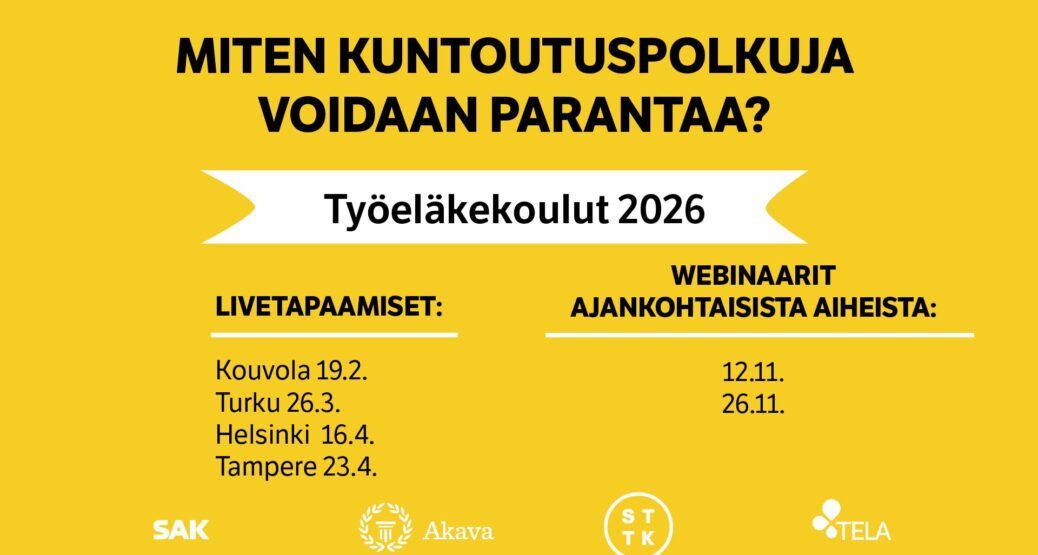 Kuvassa on lueteltu vuoden 2026 työeläkekoulujen paikkakunnat ja päivämäärät. Läsnätapahtumien lisäksi 12.11.2026 ja 26.11.2026 järjestetään työeläkekoulut verkossa.