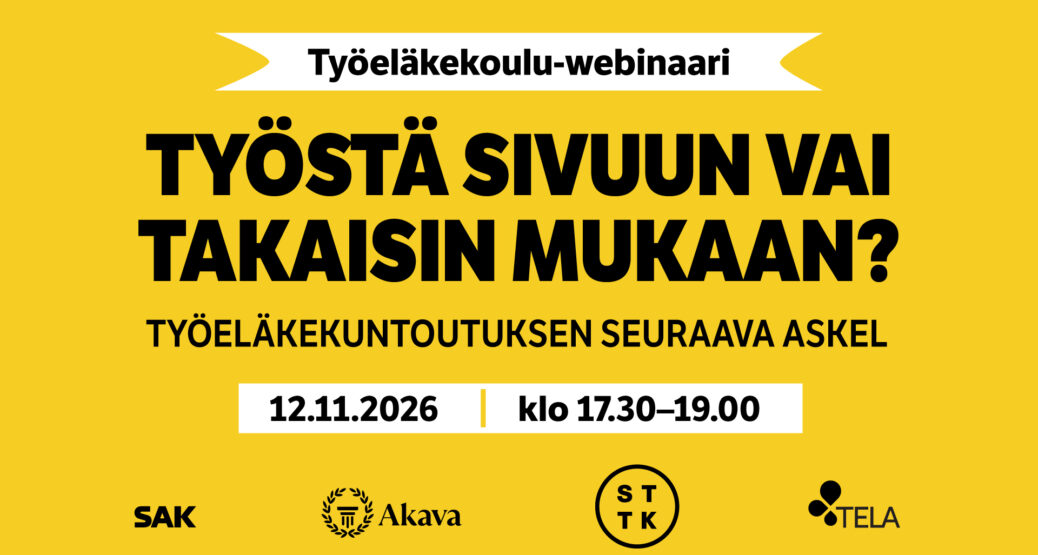 Telan Työstä sivuun vai takaisin mukaan -nimisen verkkotapahtuman mainos. Mainoksessa lukee tapahtuman nimi ja ajankohta. Lisäksi siinä on järjestäjien logot.